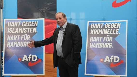 Dirk Nockemann, Landesvorsitzender der AfD Hamburg, stellt die Wahlplakate für die Bürgerschaftswahl vor. Er steht vor den Wahlplakaten mit den Wahlslogans seiner Partei. © dpa-Bildfunk Foto: Marcus Brandt