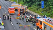 Mehrere Feuerwehreinsatzkräfte stehen auf der Autobahn A1 um ein weißes Auto. © HamburgNews Foto: HamburgNews