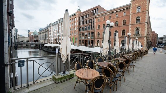 Leere Tische eines Cafés am Bleichenfleet in Hamburg. © picture alliance/dpa Foto: Daniel Reinhardt