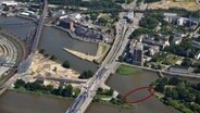Ein Luftbild zeigt den Ort, an dem die neue Brücke gebaut werden soll, die die Hafencity mit Rothenburgsort verbindet. © sbp / gmp Foto: sbp / gmp
