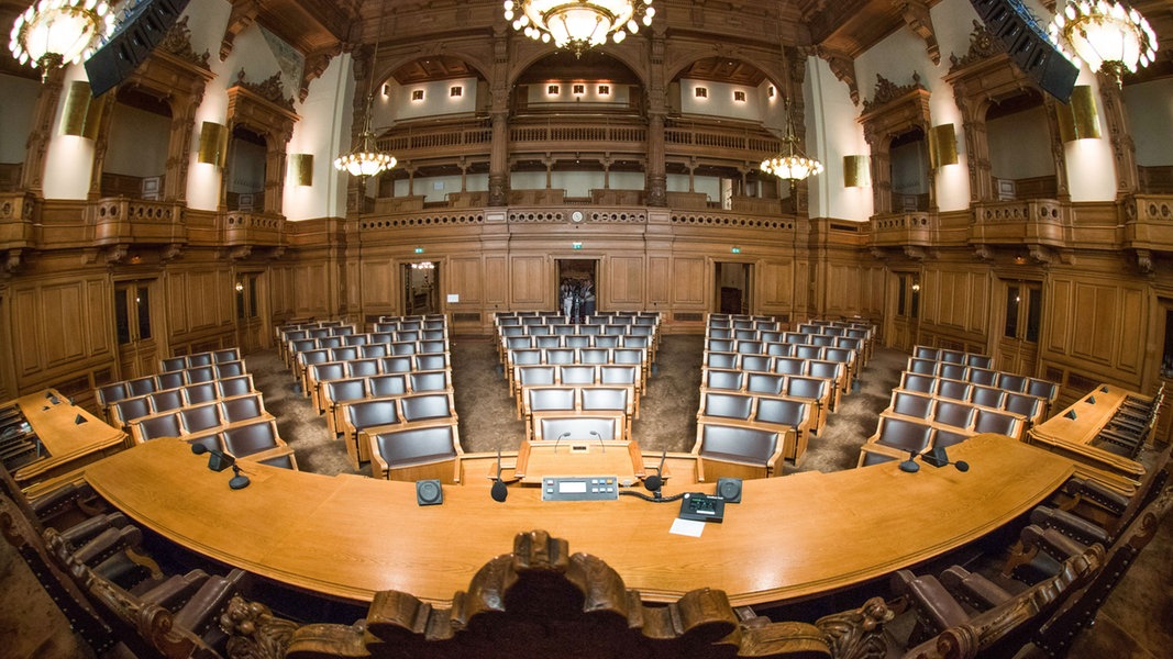 Blick in den Plenarsaal der Hamburgischen Bürgerschaft von der Bank des Präsidiums.
