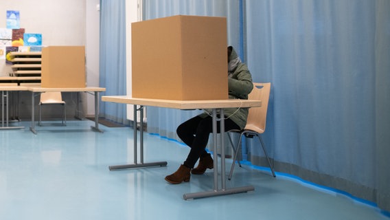 Eine Frau gibt in einer Wahlkabine ihre Stimmen zur Bürgerschaftswahl 2020 in Hamburg ab. © picture alliance/dpa Foto: Daniel Reinhardt