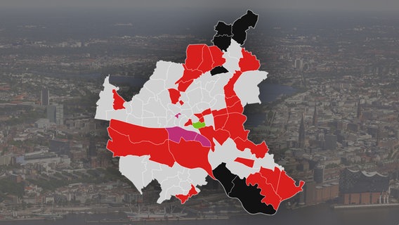 Eine Stadtteilkarte von Hamburg vor einem Luftbild der Stadt. © infratest dimap 