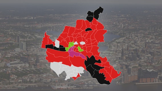 Eine Stadtteilkarte von Hamburg vor einem Luftbild der Stadt. © picture alliance/dpa | Christian Charisius, Statistik Nord 