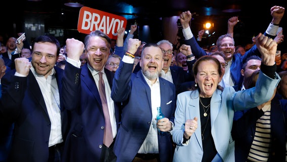 CDU-Anhänger reagieren bei der Wahlparty der Hamburger CDU im Kent-Club. © picture alliance/dpa | Georg Wendt Foto: Georg Wendt