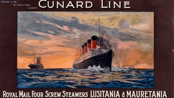 Historisches Werbeplakat der Cunard Reederei für die beiden Schiffe "Lusitania" und "Mauretania" von 1910. © picture-alliance 