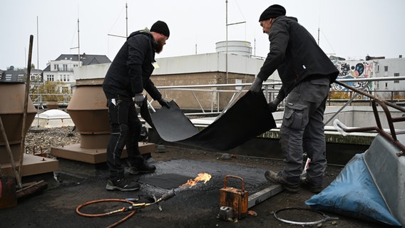 Handwerker arbeiten an der Reparatur des Daches der Staats- und Universitätsbibliothek Hamburg. © picture alliance / dpa Foto: Niklas Graeber