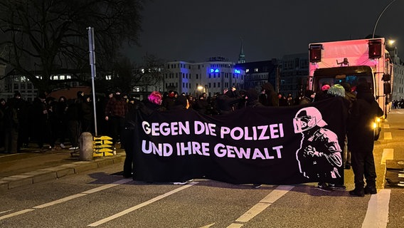 Demonstrierende stehen mit einem Banner auf der Straße. © NDR Foto: Finn Kessler