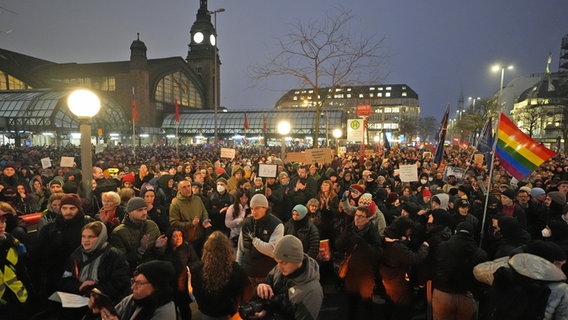 Mehrere Tausend Menschen demonstrieren am Hamburger Hauptbahnhof gegen den Auftritt von AfD-Chefin Alice Weidel in der Hansestadt. © picture alliance/dpa Foto: Marcus Brandt