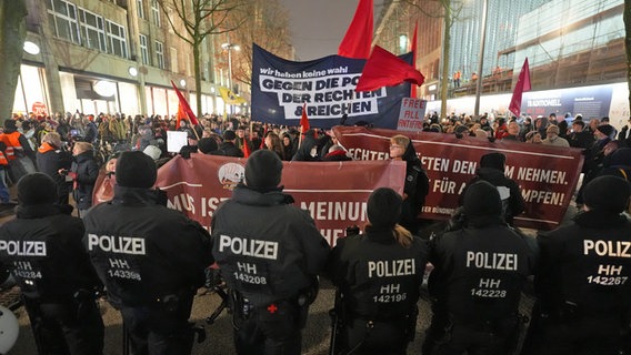 Polizisten stoppen eine Demonstration "Alle gemeinsam gegen die AfD" des Hamburger Bündnisses gegen Rechts. © picture alliance/dpa Foto: Marcus Brandt