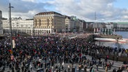 Teilnehmende einer Protestaktion unter dem Motto "Menschenkette gegen die AfD und ihre menschenfeindliche Politik" demonstrieren in der Innenstadt. © Christian Charisius/dpa 