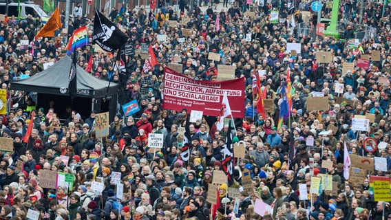 Teilnehmende einer Demo gegen rechts versammeln sich in der Hamburger Innenstadt. © Georg Wendt/dpa 