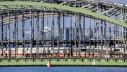 Eisenbahnelbbrücken, am Bahnhof Ein ICE fährt über die Elbbrücken, im Hintergrund die Skyline von Hamburg,. © Jochen Tack 