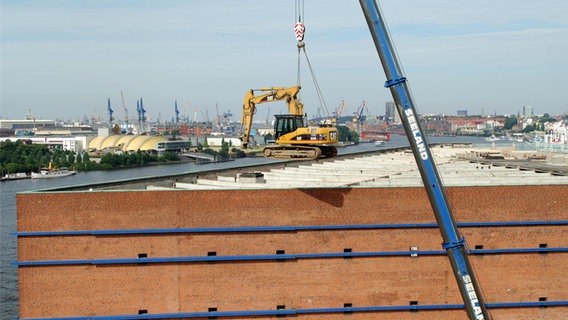 Ein Kran hebt einen Bagger auf das Dach des Kaispeicher A, um das historische Lagerhaus zu entkernen. © picture-alliance/ dpa Foto: Wolfgang Langenstrassen