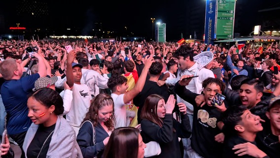 Auf dem Fanfest in Hamburg feiern Fans der spanischen Mannschaft deren Sieg im EM-Finale. © NDR/Karsten Sekund Foto: Karsten Sekund