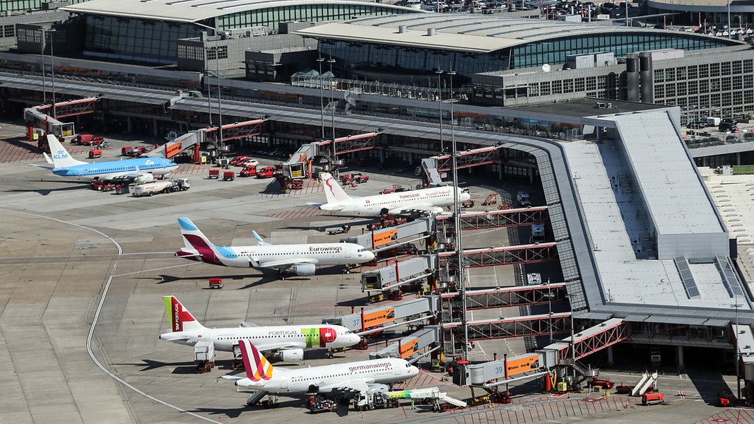 Blick aus der Luft auf mehrere Flugzeuge, die am Hamburg Airport abgefertigt werden. (Archivfoto)