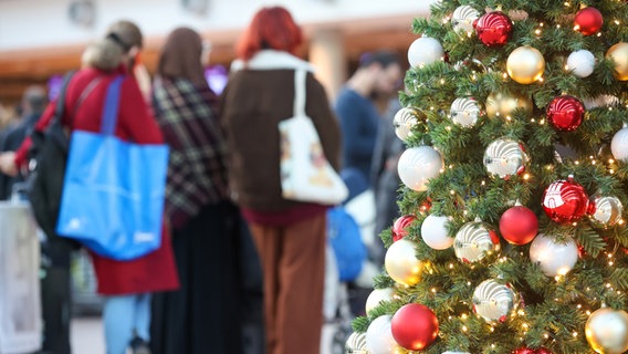 Reisende warten im Flughafen Hamburg auf die Abfertigung. Im Vordergrund ist ein Weihnachtsbaum zu sehen. © picture alliance / dpa Foto: Bodo Marks