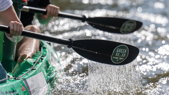 Paddel mit dem Logo des Projekts "Green Kayak" tauchen aus dem Wasser auf. © picture alliance/dpa | Hendrik Schmidt Foto: Hendrik Schmidt