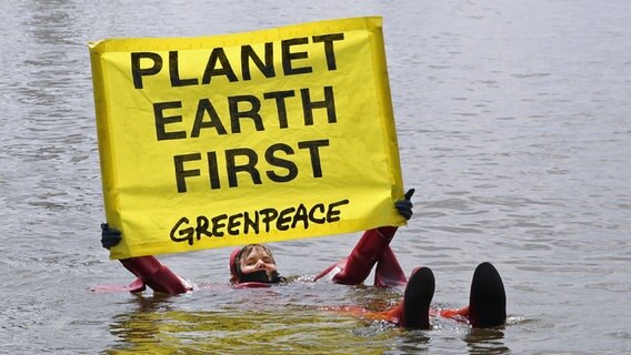 Aktivisten von Greenpeace protestieren in der Hamburger Hafencity während des C20-Gipfels für den Klimaschutz. © picture alliance/dpa Foto: Bodo Marks