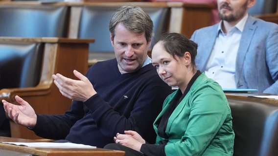 Jenny Jasberg (r) und Dominik Lorenzen (l), Fraktionsvorsitzende von Bündnis 90/Die Grünen in der Hamburgischen Bürgerschaft, unterhalten sich während der Sitzung der Hamburgischen Bürgerschaft im Rathaus. © picture alliance/dpa | Marcus Brandt 