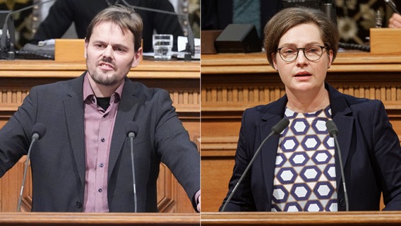 Kollage: Die Grünen-Politiker Michael Gwosdz und Sina Imhof bei Reden in der Hamburgischen Bürgerschaft. © picture alliance/dpa Foto: Marcus Brandt, Markus Scholz