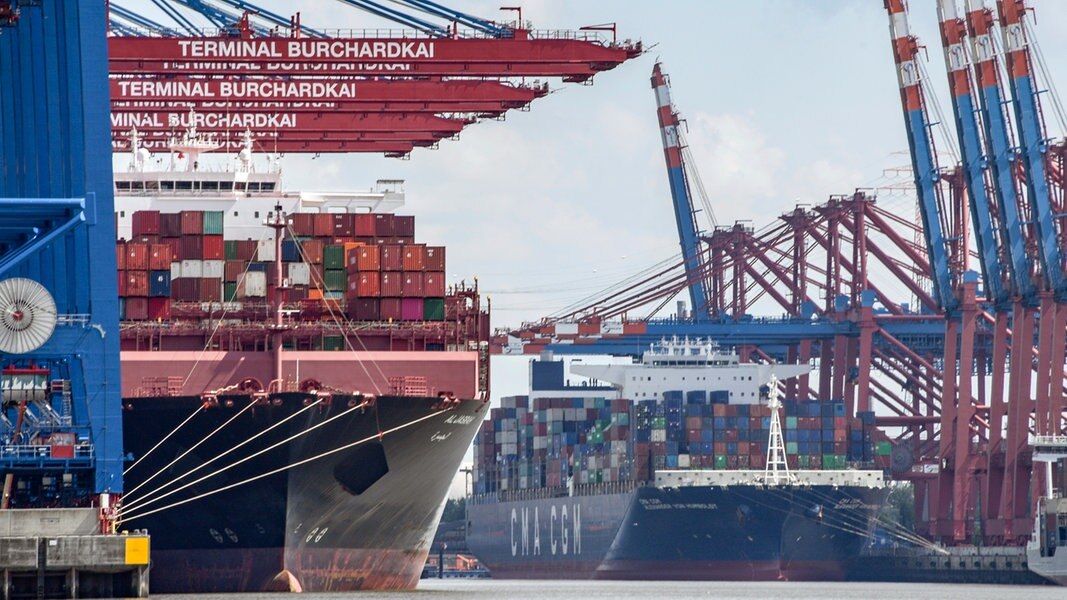 Containerschiffe werden am Terminal Burchardkai (l.) und bei Eurogate (r.) im Hamburger Hafen entladen.