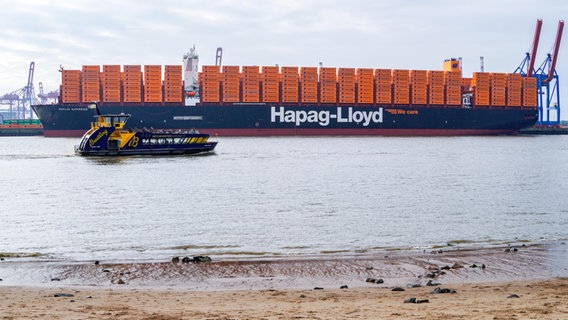 Das zur Zeit größte unter deutscher Flagge fahrende Schiff  Containerschiff Berlin Express der Reederei Hapag-Lloyd  liegt auf der Elbe in Hamburg am Hamburger Containerterminal Burchardkai (Archiv). © picture alliance / Chris Emil Janßen | Chris Emil Janssen Foto: Chris Emil Janssen