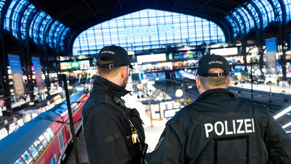 Einsatzkräfte der Bundespolizei kontrollieren am Hauptbahnhof die Bahnsteige. © picture alliance/dpa | Daniel Bockwoldt Foto: Daniel Bockwoldt