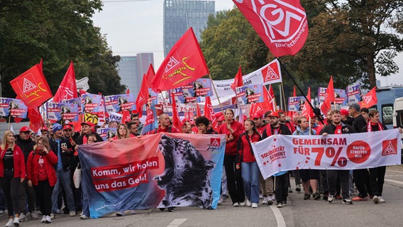 Teilnehmer einer Kundgebung der IG Metall Küste nehmen an einer Demonstration auf dem Heiligengeistfeld in Hamburg teil. © picture Alliance Foto: Christian Charisius