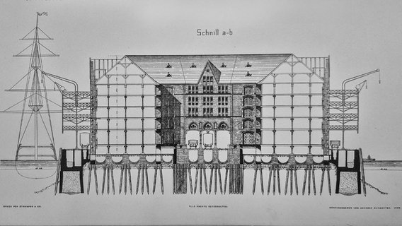 Eine  Zeichnung in einem Buch zeigt einen Schnitt des historischen Kaispeichers A im Hamburger Hafen. © HPA 