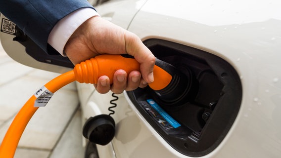 Ein Mann hält einen Stecker in die Ladesteckdose eines Mercedes-Benz B-Klasse Electric Drive des Carsharing Unternehmens car2go. © picture alliance/dpa Foto: Christophe Gateau