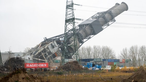 Der Doppel-Schornstein des Kraftwerks Moorburg in Hamburg kippt nach seiner Sprengung um. © Daniel Bockwoldt/dpa 