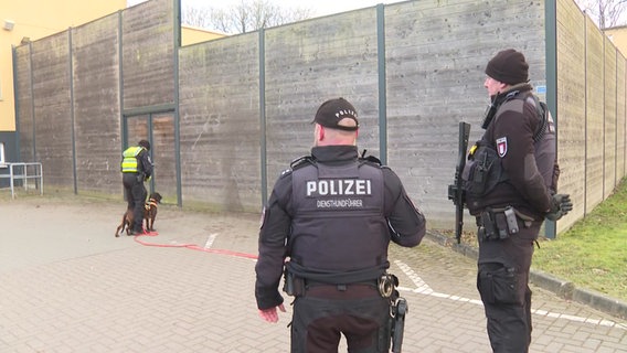 Drei Polizisten stehen mit einem Spürhund vor einem Gebäude. © TV Newskontor 