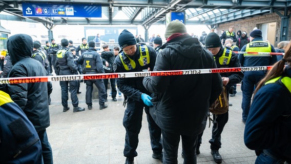 Polizisten kontrollieren eine Person am Hamburger Hauptbahnhof auf verbotene Waffen. (Archivfoto) © picture alliance/dpa Foto: Jonas Walzberg