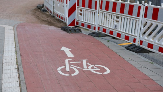 Baustellen-Absperrungen stehen neben einem neuen Radweg in Hamburg. © picture alliance / Maximilian Koch 