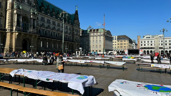 Tische stehen auf dem Rathausmarkt in Hamburg. © NDR Foto: Anna Rüter