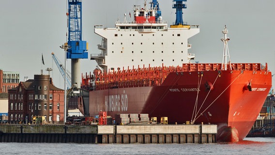 Das Containerschiff "Monte Cervantes" der Reederei Hamburg Süd liegt im Hamburger Hafen. © picture alliance / dpa Foto: Georg Wendt