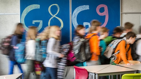 Schülerinnen und Schüler laufen an einer Tafel vorbei, auf der "G8" und "G9" steht. © picture alliance/dpa Foto: Armin Weigel