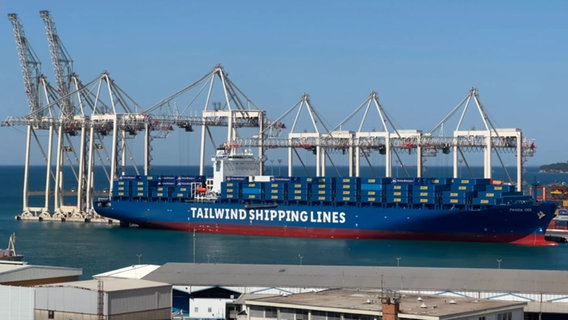 Das Containerschiff "Panda 001" der Reederei Tailwind Shipping liegt in einem Hafen. © Tailwind Shipping 