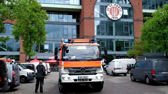 Einsatzkräfte vor dem Millerntorstadion in Hamburg nach einem tödlichen Arbeitsunfall © TV News Kontor 