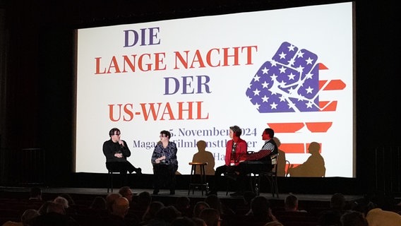 Mehrere Menschen sprechen während eines Podiumsgesprächs im Kinosaal des Winterhuder Magazin Filmkunsttheaters während des Public Viewings "Die Lange Nacht der US-Wahl 2024". © Marcus Brandt/dpa Foto: Marcus Brandt