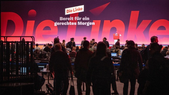 Jan van Aken und Ines Schwerdtner sitzen beim Bundesparteitag der Partei Die Linke in Halle/Saale nebeneinander. © Hendrik Schmidt/dpa 