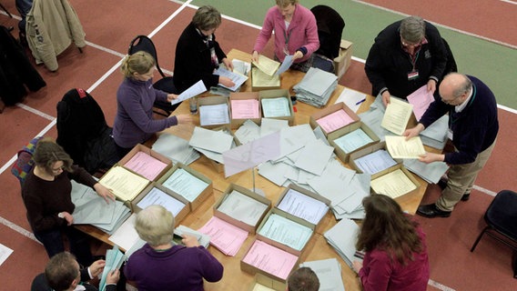 Wahlhelfer zählen im Bezirk Hamburg-Nord die Briefwahlstimmen aus. © dpa/lno Foto: Markus Scholz