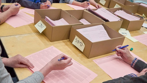 Wahlhelferinnen und Wahlhelfer in Hamburg zählen Stimmen aus. © picture alliance / dpa Foto: Georg Wendt