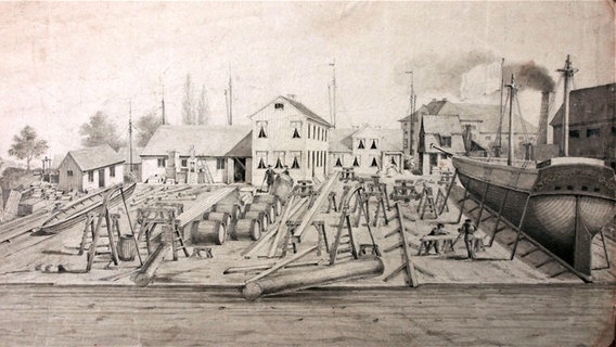 Ein Bild zeigt um 1850 die Johns'sche Ecke im Hamburger Hafen, wo die Werft Johns später dem Kaiserspeicher weichen musste. © Wikipedia Commons 