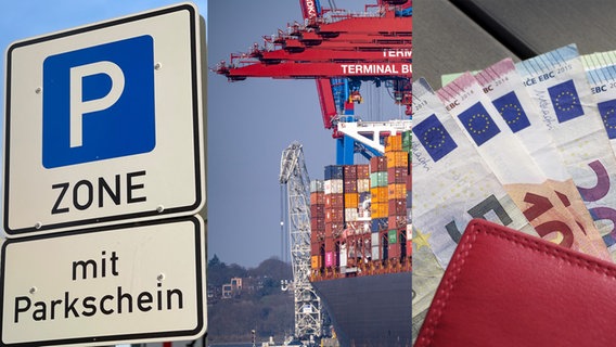 Eine Collage zeigt ein Schild für Bewohnerparken, ein Containerschiff und Geld in einem Portemonnaie. © picture alliance / Jochen Tack / imageBROKER | Anja Uhlemeyer-Wrona 