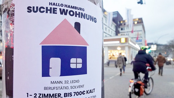 Eine Suchanzeige für eine Wohnung hängt an einem Ampelmast in hamburg. © picture alliance/dpa Foto: Marcus Brandt
