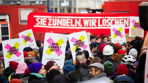 Protestierende auf einer Demo mit Schildern, auf denen "AfD Verbot jetzt" zu lesen ist © dpa Foto: Christoph Soeder