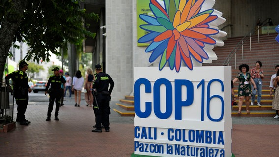 Polizisten stehen vor einem Hotel neben dem Logo der 16. UN-Konferenz zur biologischen Vielfalt (COP16) in Cali, Kolumbien. © Fernando Vergara/AP/dpa 