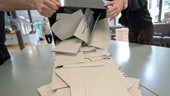 Wahlhelfer schütten in einem Wahllokal Stimmzettel für die Bundestagswahl aus. © dpa/picture alliance Foto: Sebastian Gollnow